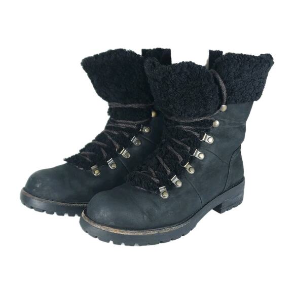 UGG Women's Fraser US7 Black Leather Lace Up Waterproof Mid Calf Shearling Boots - Picture 1 of 16
